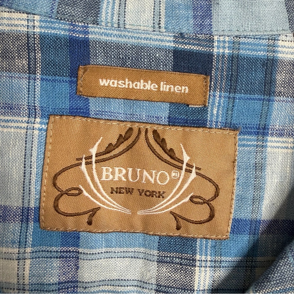 NWOT Bruno Men’s Linen‎ Cotton Blend Short Sleeves Blue Plaid Button Front 2XLB - Picture 5 of 8